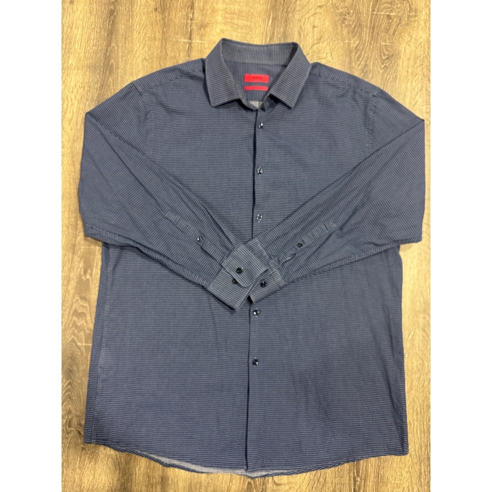 Hugo Boss Sharp Fit Mens 17.5 R Navy Blue Micro Pattern Button Down Shirt